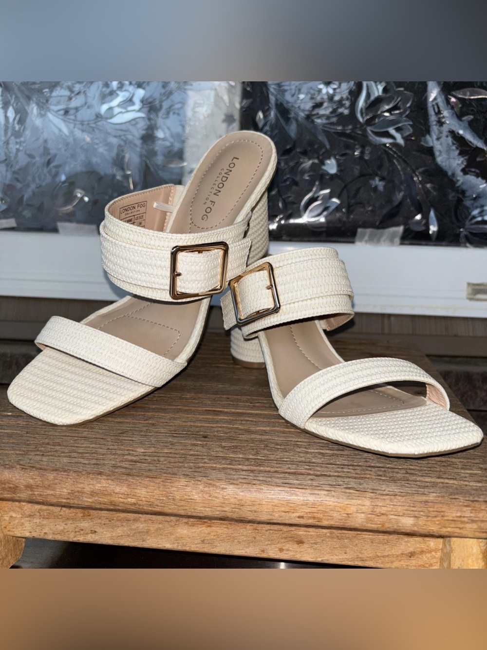 London Fog Cream Braided-Strap Block Heel Sandals